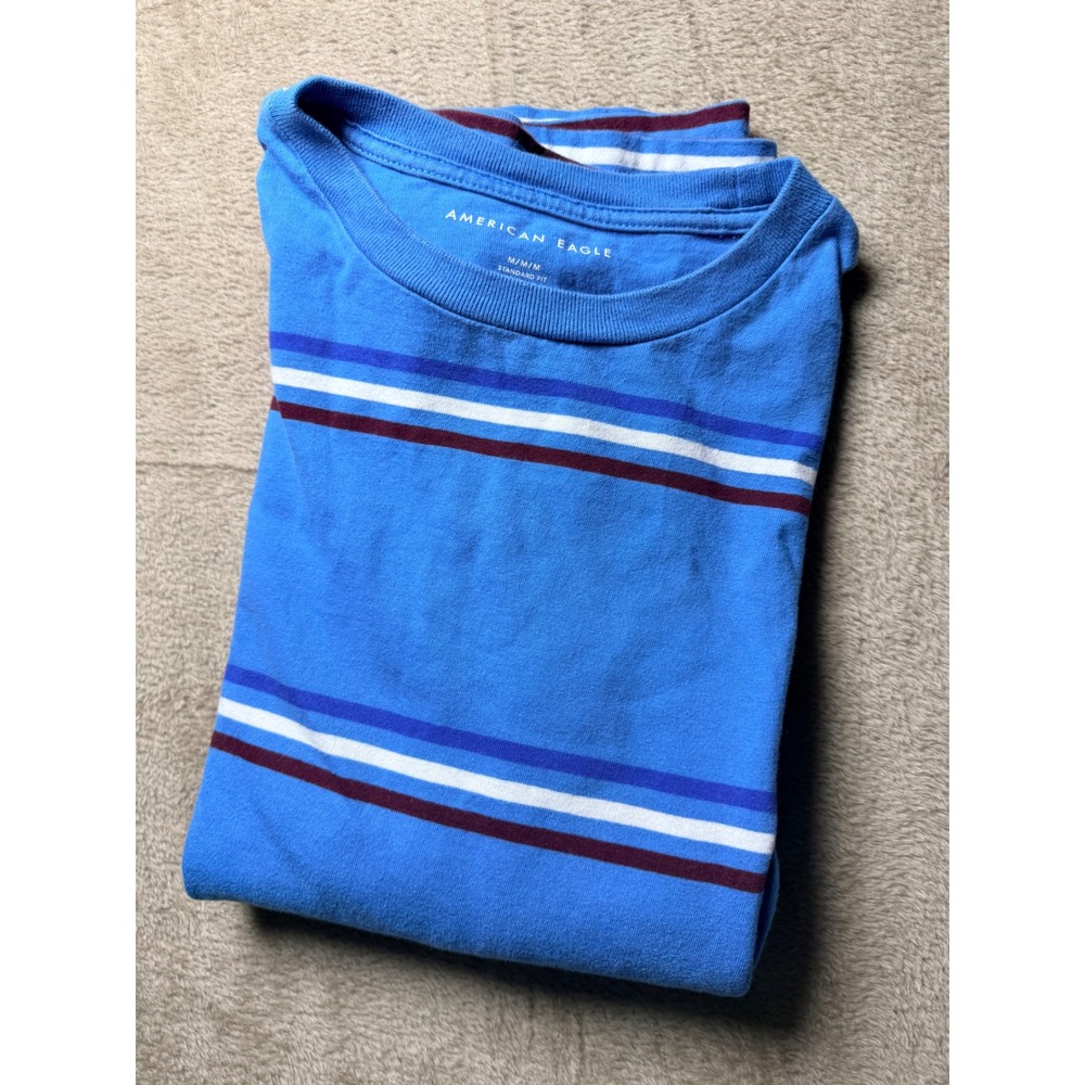 American Eagle Mens Medium Blue Striped Long Sleeve T-Shirt Preppy 2000s Retroā